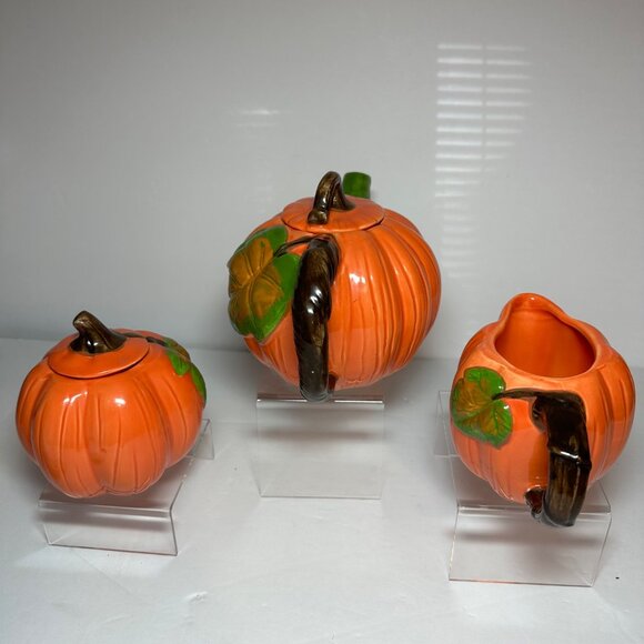 Vintage 90's Pumpkin Tea Pot Creamer Sugar Thanksgiving Decor Made in Taiwan - Picture 2 of 12